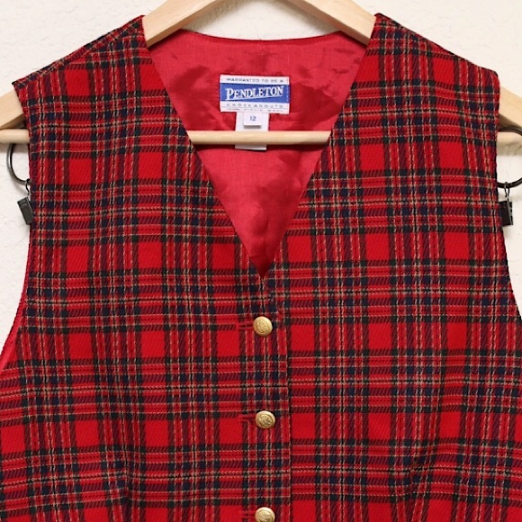 Pendleton tartan red plaid: 100% virgin wool vest - Picture 5 of 6